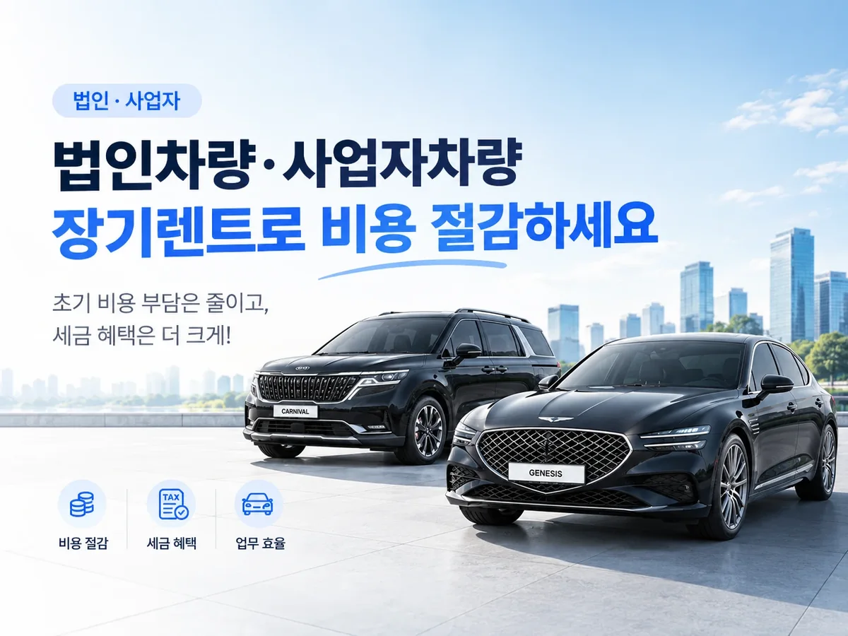 법인차량·사업자차량 장기렌트 배너. 카니발과 제네시스 G80 사진과 함께 「장기렌트로 비용 절감하세요」, 초기 비용 부담은 줄이고, 비용 절감·업무 효율을 안내한다. 정원 8명 이하 승용차의 렌트료 비용처리에는 세법상 한도가 있고, 렌트료 부가세 매입세액 공제는 경차·정원 9명 이상인 차·화물차가 대상이며 정원 8명 이하 승용차는 해당하지 않는다. 초기 비용 조건은 제휴 렌터카사인 롯데렌터카의 사업자 장기렌트 상품 조건이다.